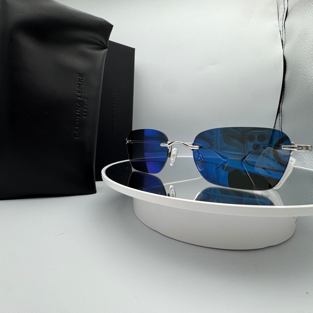Carolina Lemke Sunglasses Rimless Blue Mirror CL6800-08 Silver Frame 51mm